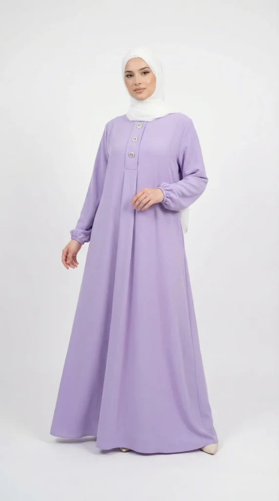Abaya Longue boutonnée en soie de médine Lilas - Studio Photo - Model Style: Hijabi