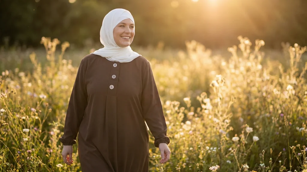 Abaya Longue boutonnée en soie de médine Marron 1 Abaya Longue boutonnée en soie de médine Marron - Garden Photo - Model Style: Hijabi