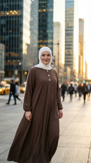 Abaya Longue boutonnée en soie de médine Marron - Street Photo - Model Style: Hijabi
