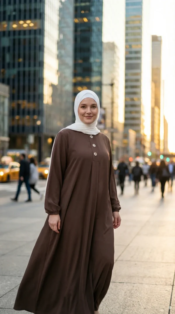 Abaya lunga marrone con bottoni in seta di Medina