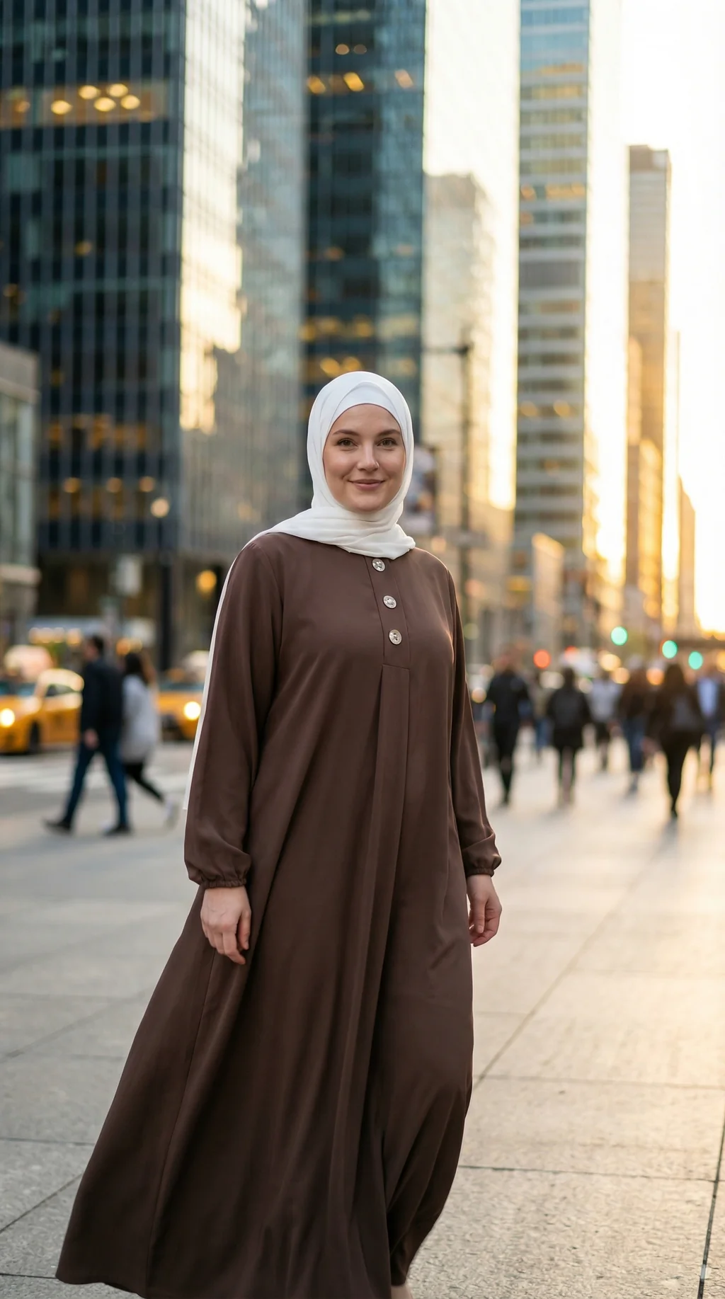 Abaya Longue boutonnée en soie de médine Marron - Street Style Abaya Longue boutonnée en soie de médine Marron - Street Photo - Model Style: Hijabi