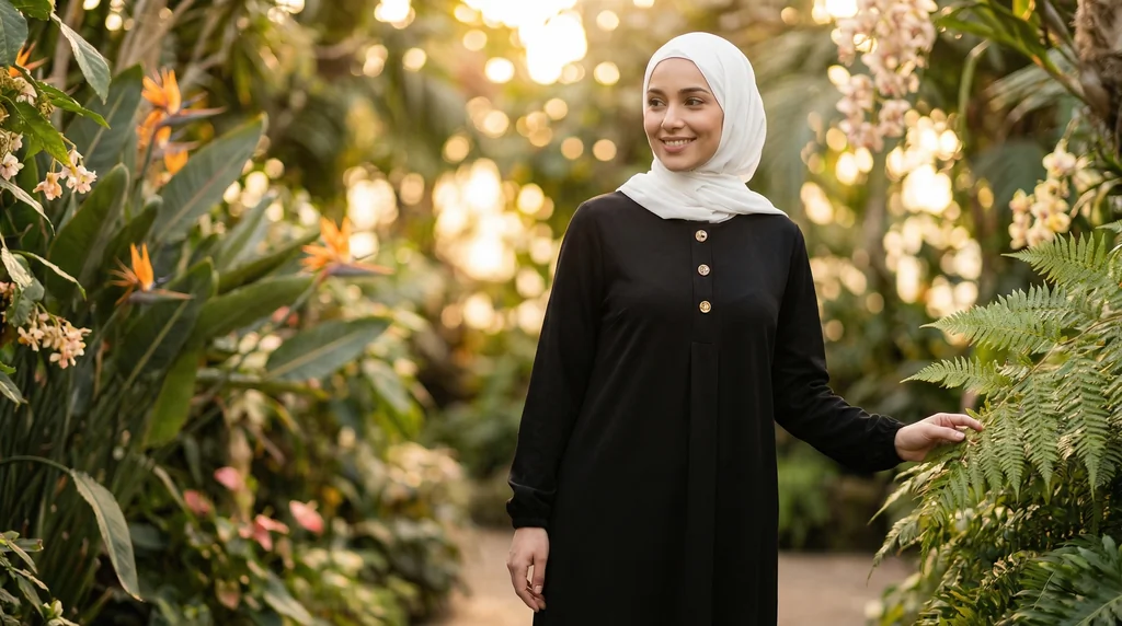 Abaya Longue boutonnée en soie de médine Noire - Garden Photo - Model Style: Hijabi