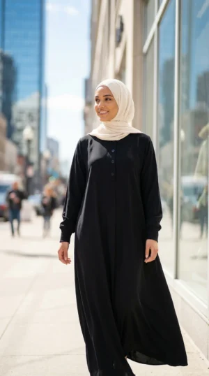 Lange geknoopte Abaya van Soie de Médine Zwart - Street Photo - Model Style: Hijabi