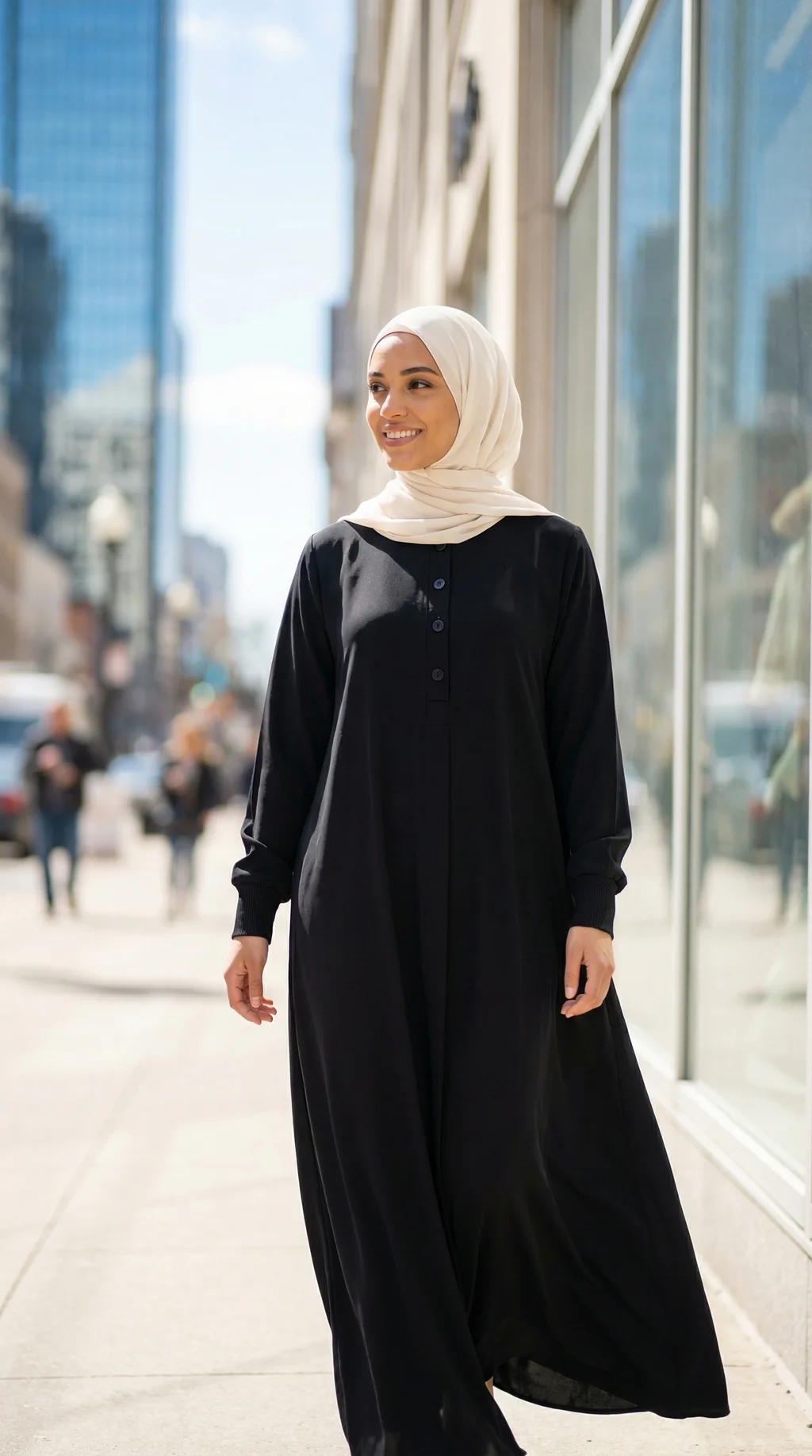 Abaya Longue boutonnée en soie de médine Noire - Street Style Abaya Longue boutonnée en soie de médine Noire - Street Photo - Model Style: Hijabi