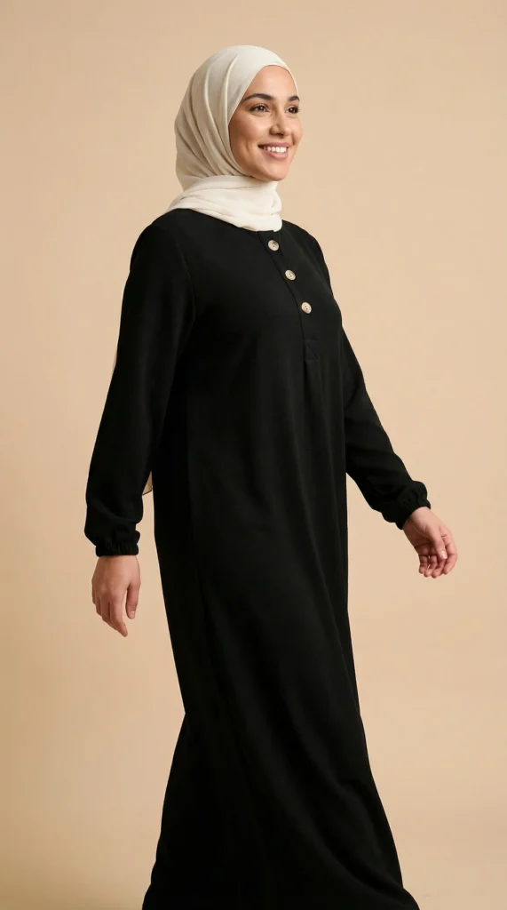 Lange geknoopte Abaya van Soie de Médine Zwart - Studio Photo - Model Style: Hijabi
