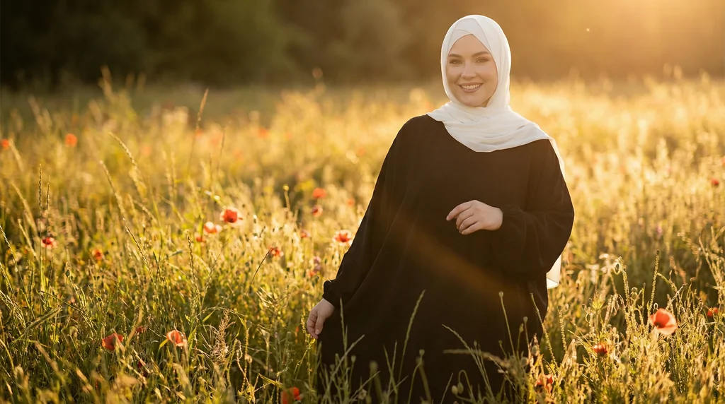 Abaya Noire Simple Longue et Ample avec Manches Élastiques - Garden Photo - Model Style: Hijabi