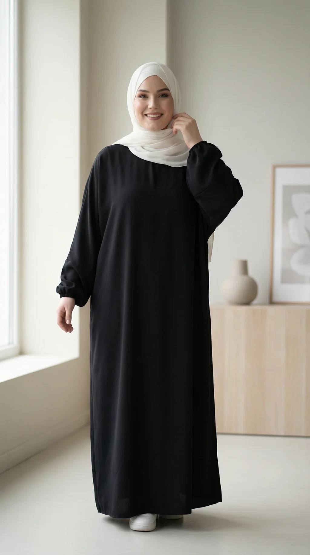 Abaya Noire Simple Longue et Ample avec Manches Élastiques - Minimal Style Abaya Noire Simple Longue et Ample avec Manches Élastiques - Minimal Photo - Model Style: Hijabi