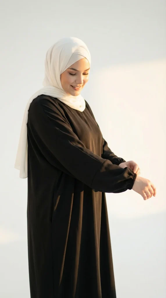 Black Simple Long and Loose Abaya with Elastic Sleeves - Studio Photo - Model Style: Hijabi