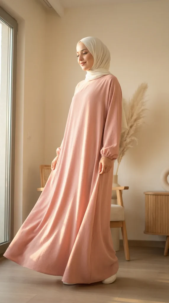 Pink Simple Long and Loose Abaya with Elastic Sleeves - Minimal Photo - Model Style: Hijabi