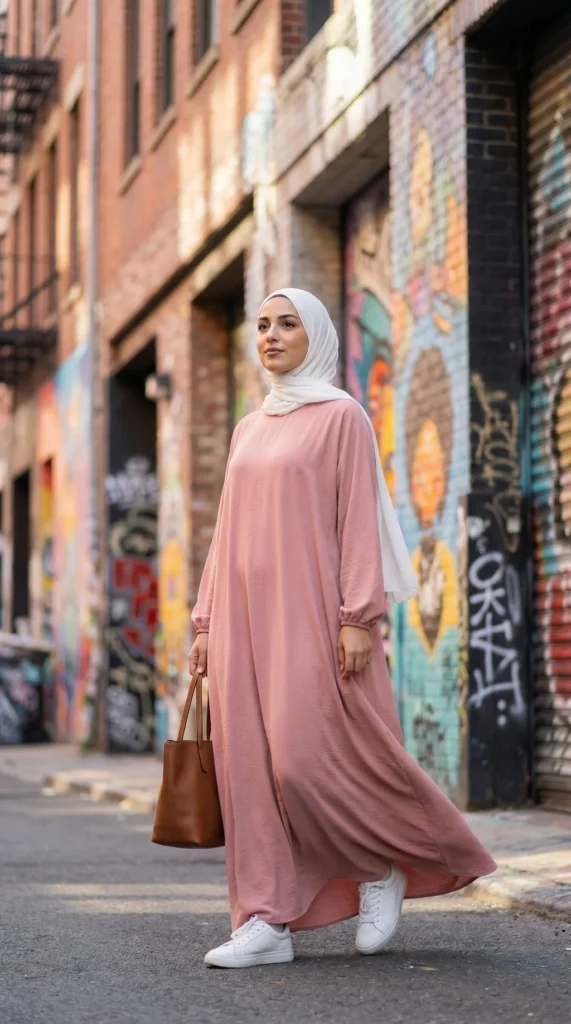 Pink Simple Long and Loose Abaya with Elastic Sleeves - Street Photo - Model Style: Hijabi