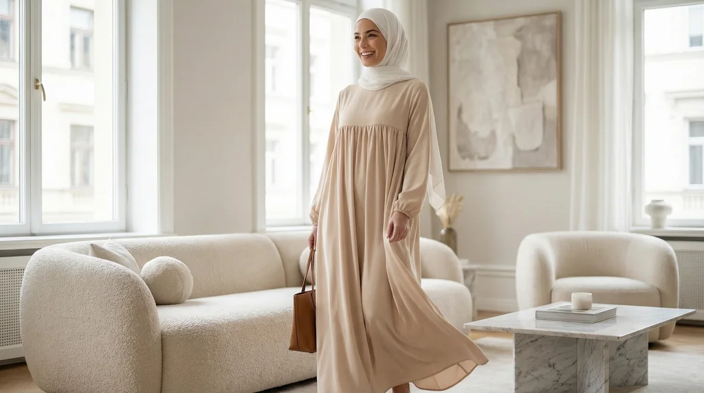 Abaya Soie de Médine évasée Beige - Lifestyle Photo - Model Style: Hijabi