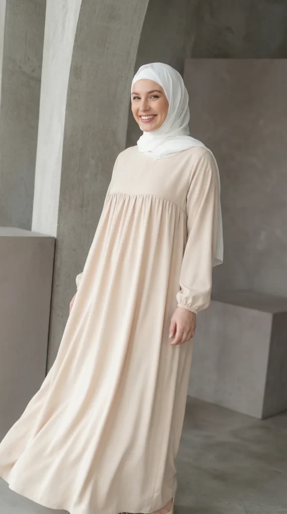 Ausgestellte Abaya aus Medina-Seide in Beige – Minimal-Foto – Model-Stil: Hijabi