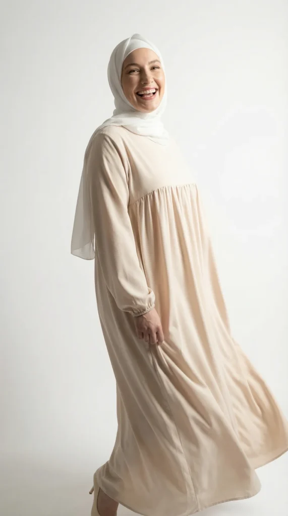 Abaya Soie de Médine évasée Beige - Studio Photo - Model Style: Hijabi