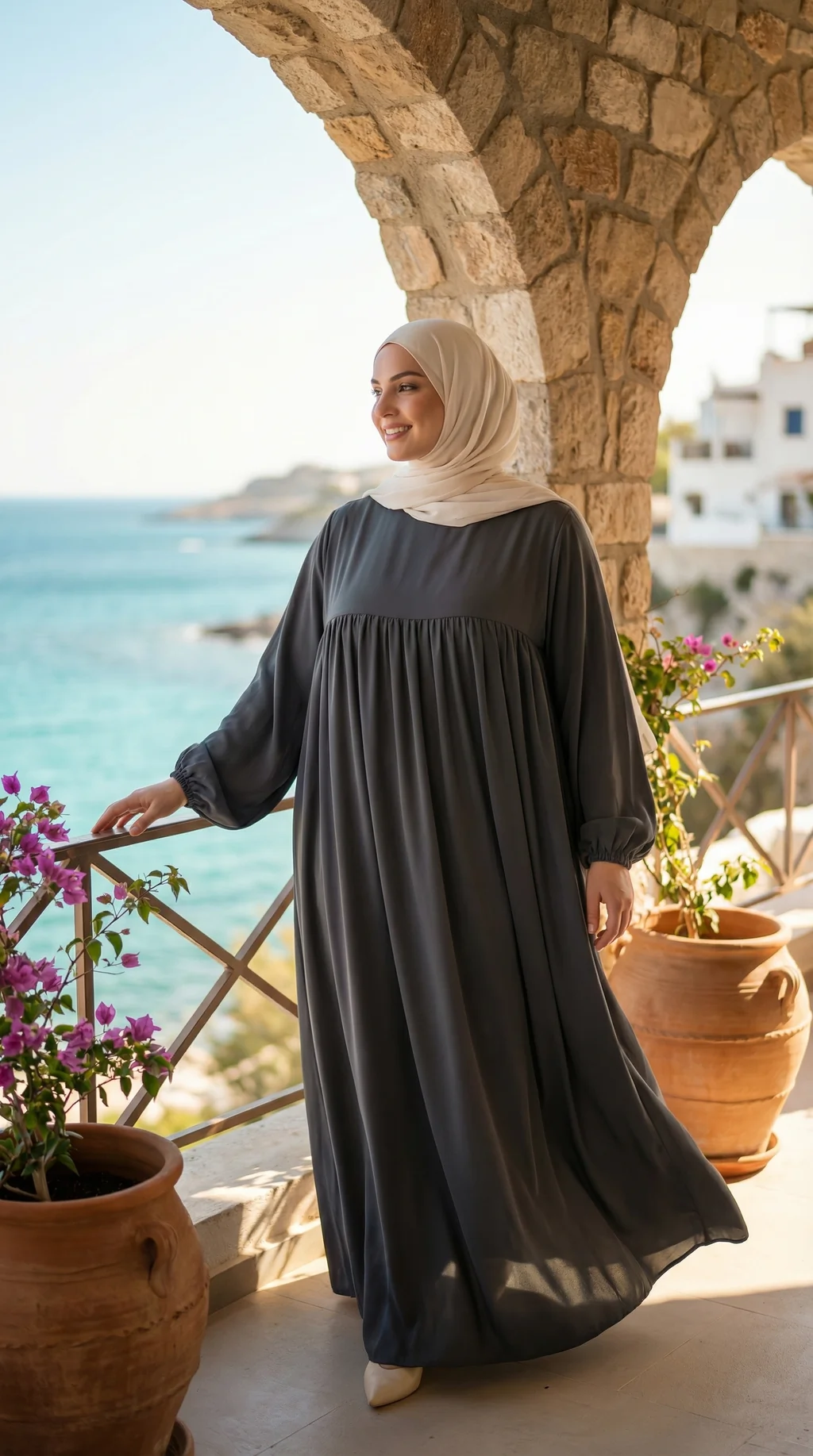 Abaya Soie de Médine évasée Gris Foncé - Lifestyle Style Abaya Soie de Médine évasée Gris Foncé - Lifestyle Photo - Model Style: Hijabi