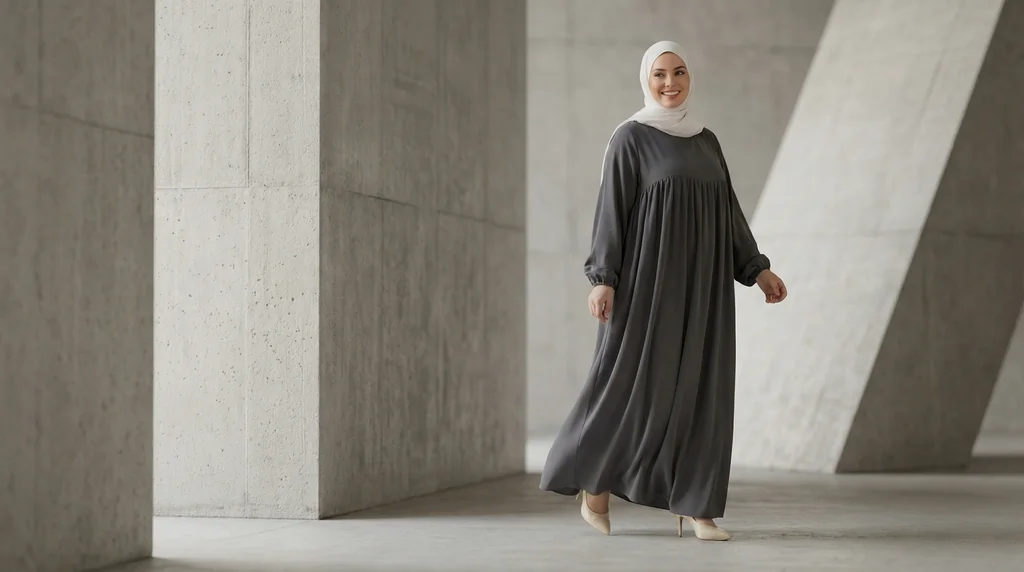 Abaya Soie de Médine évasée Gris Foncé - Minimal Photo - Model Style: Hijabi