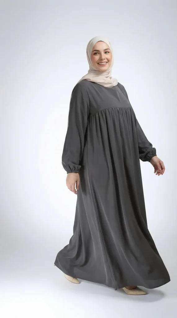 Uitlopende Abaya Soie de Médine Donkergrijs - Studio Foto - Model Stijl: Hijabi