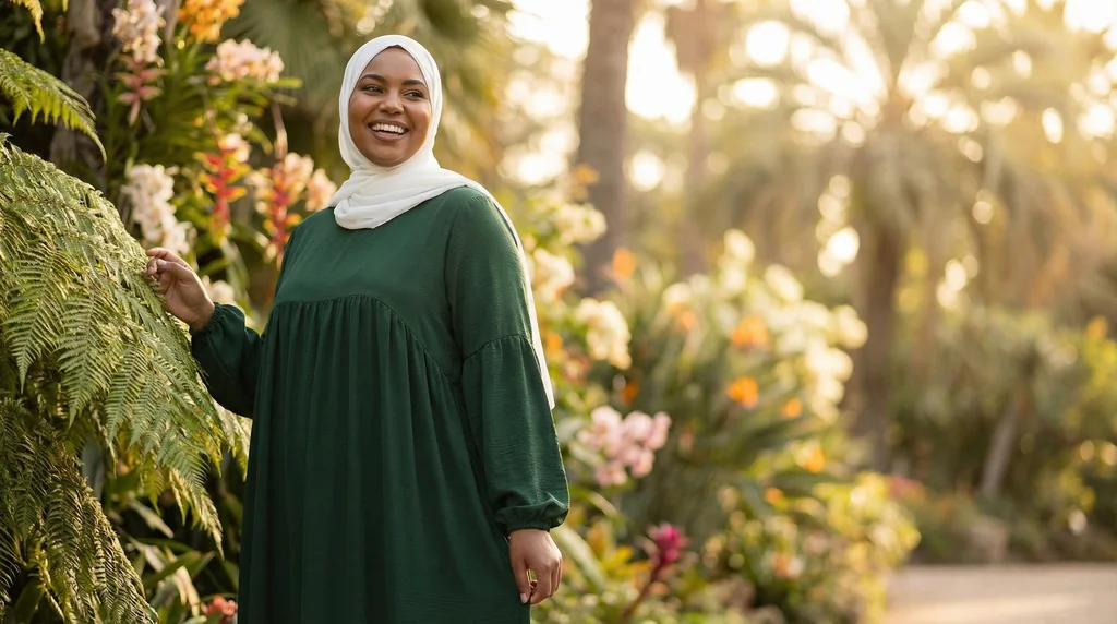 Abaya Soie de Médine évasée Vert Sapin - Garden Photo - Model Style: Hijabi