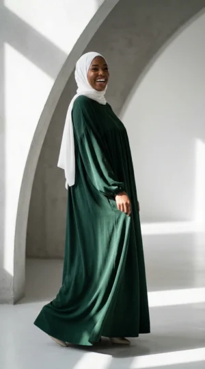 Abaya Soie de Médine évasée Vert Sapin - Minimal Photo - Model Style: Hijabi