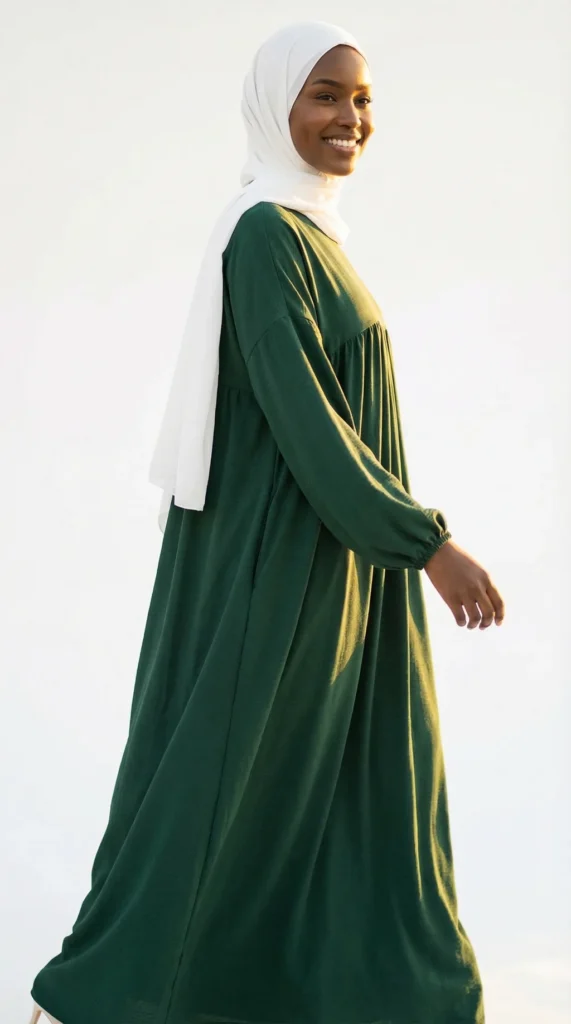 Ausgestellte Abaya aus Medina-Seide in Tannengrün – Studio-Foto – Model-Stil: Hijabi
