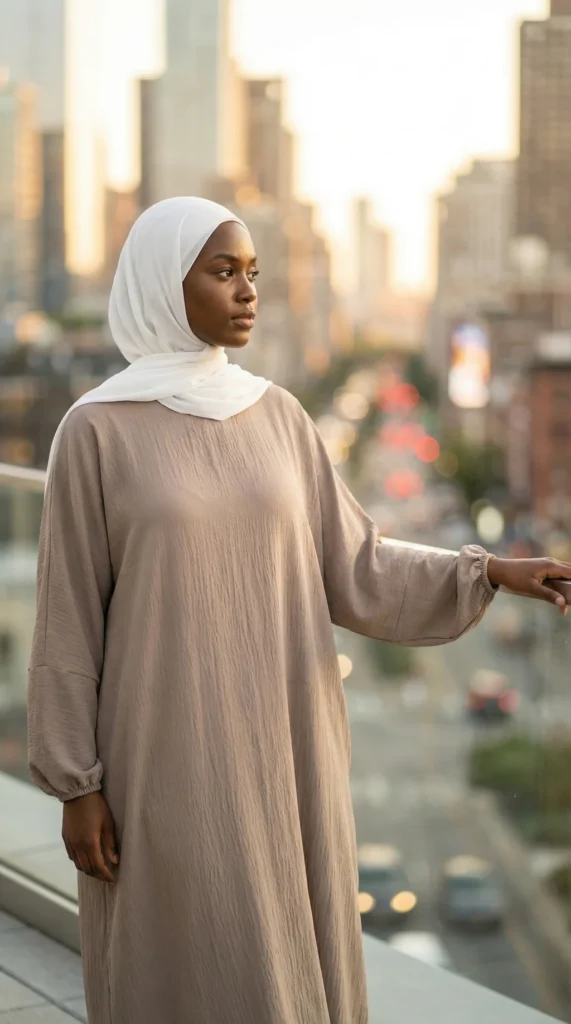 Taupe Simple Long and Loose Abaya with Elastic Sleeves - Lifestyle Photo - Model Style: Hijabi