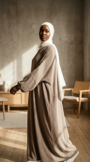 Abaya Taupe Simple Longue et Ample avec Manches Élastiques - Minimal Photo - Model Style: Hijabi
