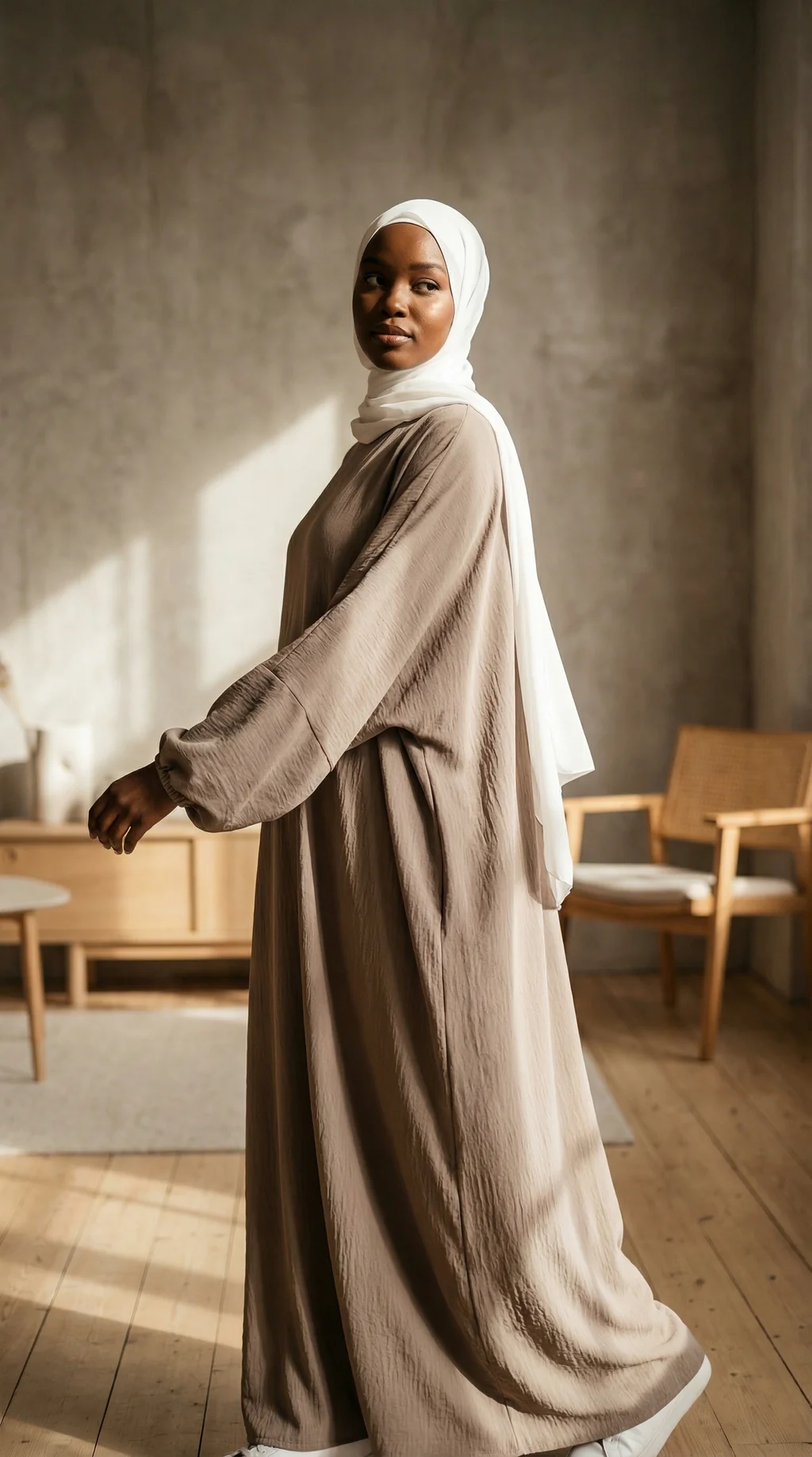 Abaya Taupe Simple Longue et Ample avec Manches Élastiques - Minimal Style Abaya Taupe Simple Longue et Ample avec Manches Élastiques - Minimal Photo - Model Style: Hijabi