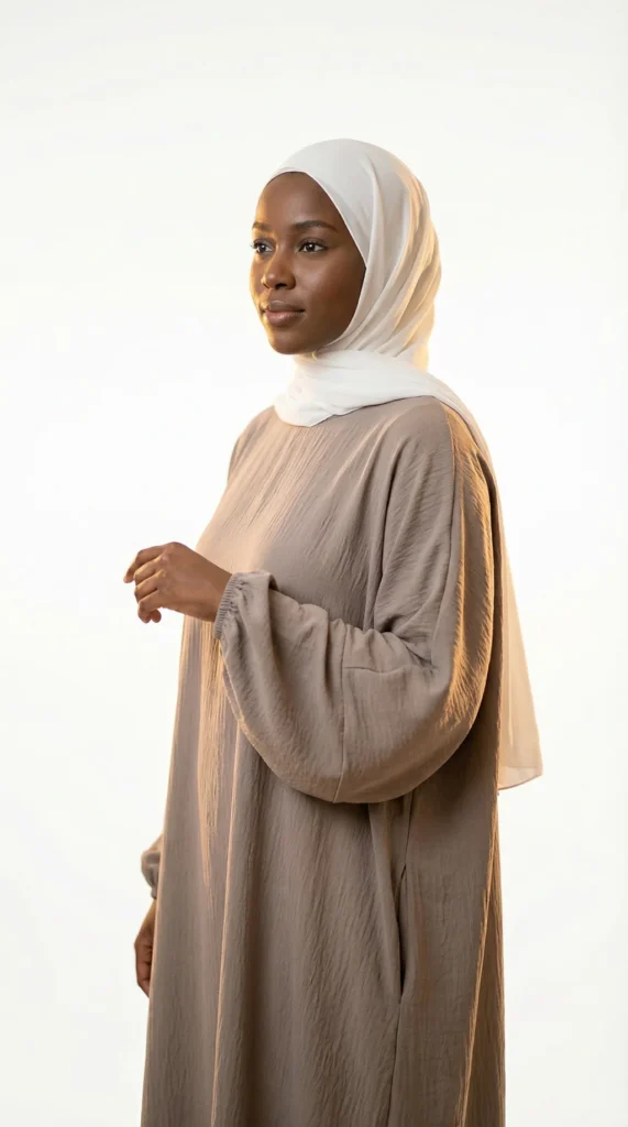 Taupe Simple Long and Loose Abaya with Elastic Sleeves - Studio Photo - Model Style: Hijabi