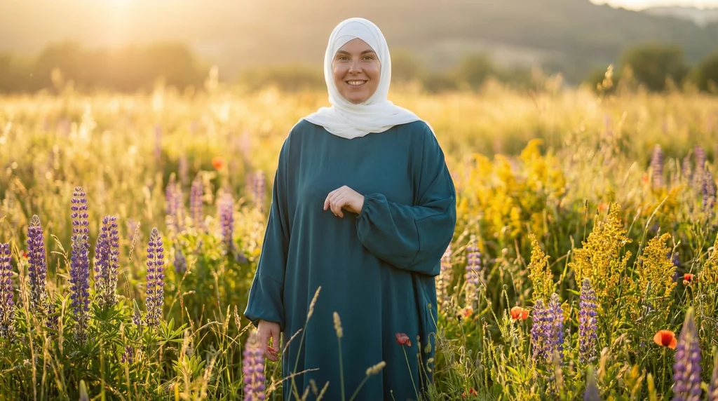 Abaya Teal Simple Longue et Ample avec Manches Élastiques 1 Abaya Teal Simple Longue et Ample avec Manches Élastiques - Garden Photo - Model Style: Hijabi
