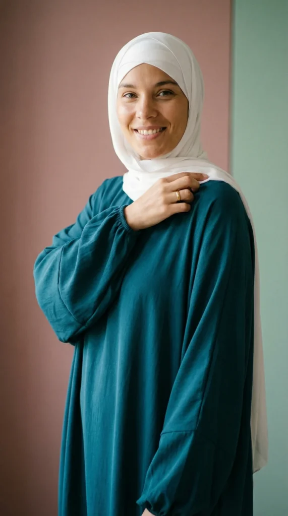 Teal Simple Long and Loose Abaya with Elastic Sleeves - Minimal Photo - Model Style: Hijabi