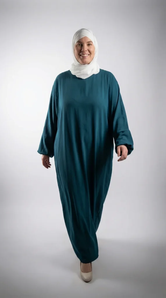 Teal Simple Long and Loose Abaya with Elastic Sleeves - Studio Photo - Model Style: Hijabi