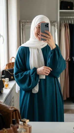 Abaya Teal Simple Longue et Ample avec Manches Élastiques - Sylfie Photo - Model Style: Hijabi