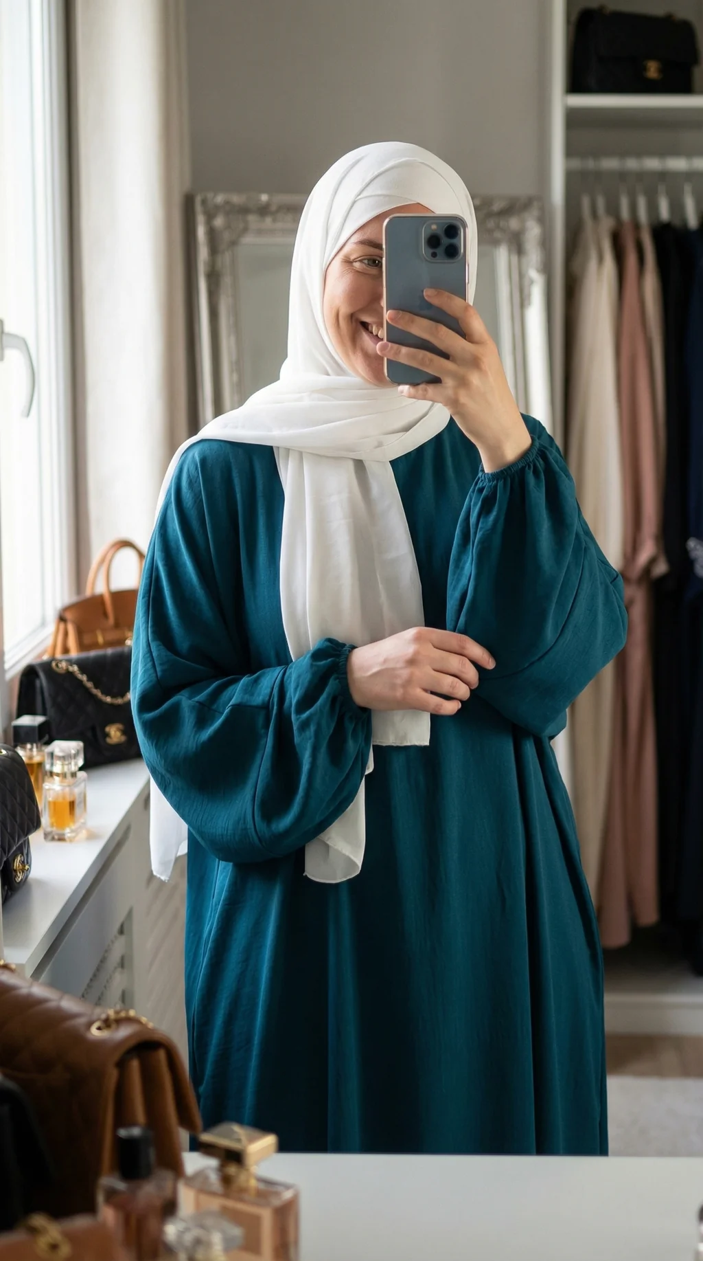 Abaya Teal Simple Longue et Ample avec Manches Élastiques - Sylfie Style Abaya Teal Simple Longue et Ample avec Manches Élastiques - Sylfie Photo - Model Style: Hijabi