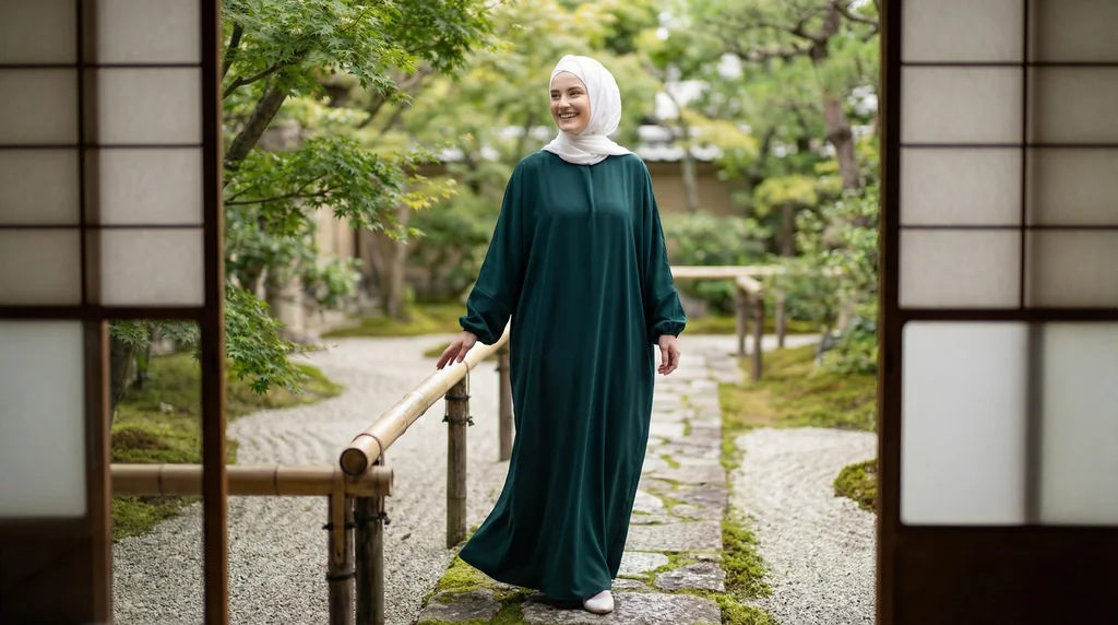 Abaya Vert Canard Simple Longue et Ample avec Manches Élastiques 1 Abaya Vert Canard Simple Longue et Ample avec Manches Élastiques - Garden Photo - Model Style: Hijabi