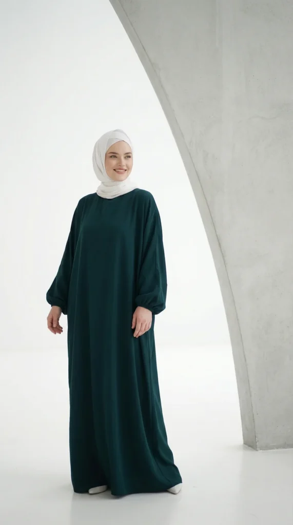 Abaya Vert Canard Simple Longue et Ample avec Manches Élastiques - Minimal Photo - Model Style: Hijabi