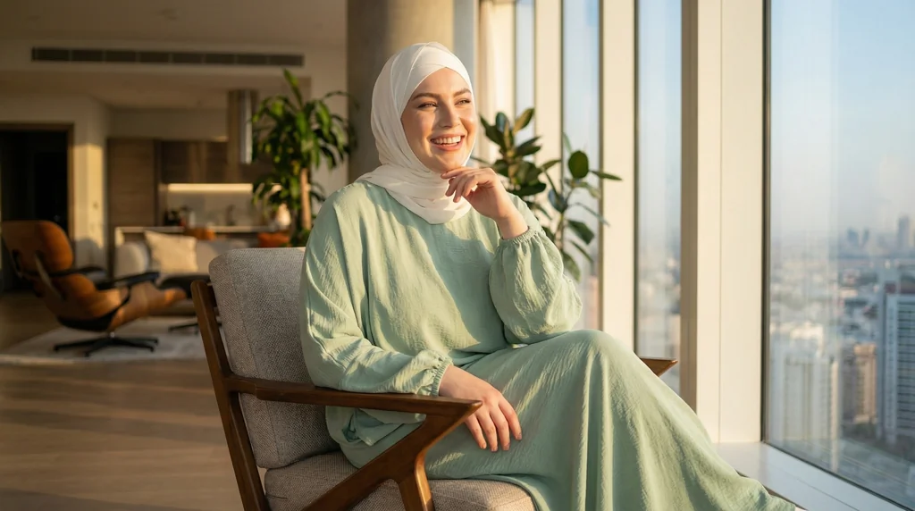 Abaya Vert d'eau Simple Longue et Ample avec Manches Élastiques 1 Abaya Vert d'eau Simple Longue et Ample avec Manches Élastiques - Lifestyle Photo - Model Style: Hijabi