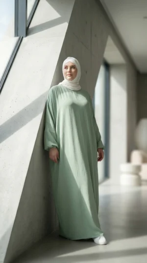 Abaya Vert d'eau Simple Longue et Ample avec Manches Élastiques - Minimal Photo - Model Style: Hijabi