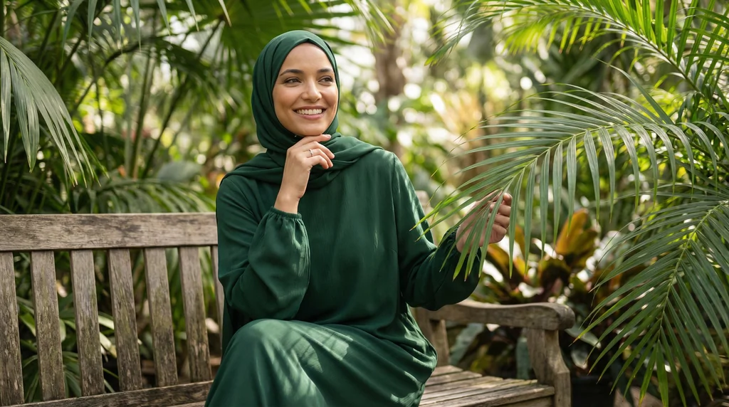 Abaya voile integré Vert Sapin 1 Abaya voile integré Vert Sapin - Garden Photo - Model Style: Hijabi