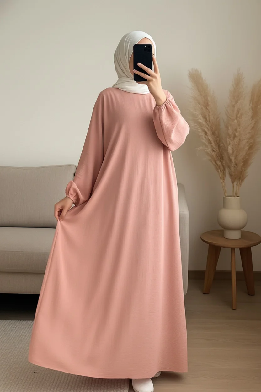 Abaya Rose Simple Longue et Ample avec Manches Élastiques