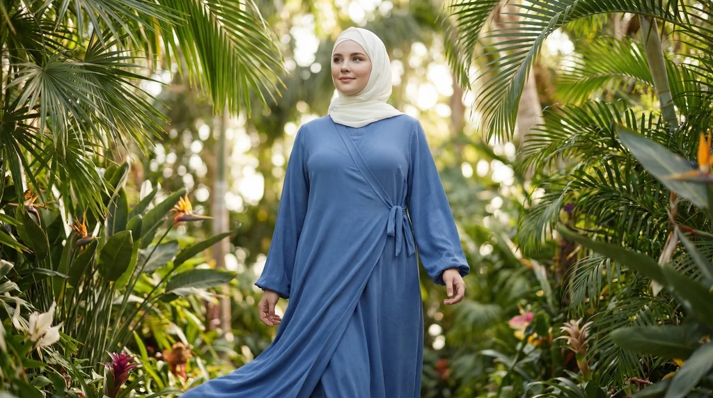 Robe Abaya Croisé Manches Bouffantes avec noeud Denim - Garden Photo - Model Style: Hijabi