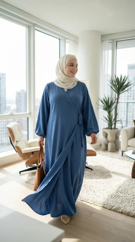 Denim Puffed Sleeve Wrap Abaya Dress with Bow - Lifestyle Photo - Model Style: Hijabi