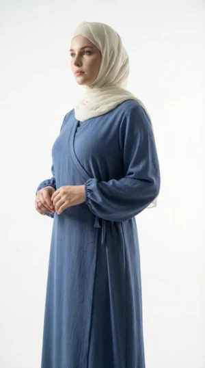 Robe Abaya Croisé Manches Bouffantes avec noeud Denim - Studio Photo - Model Style: Hijabi
