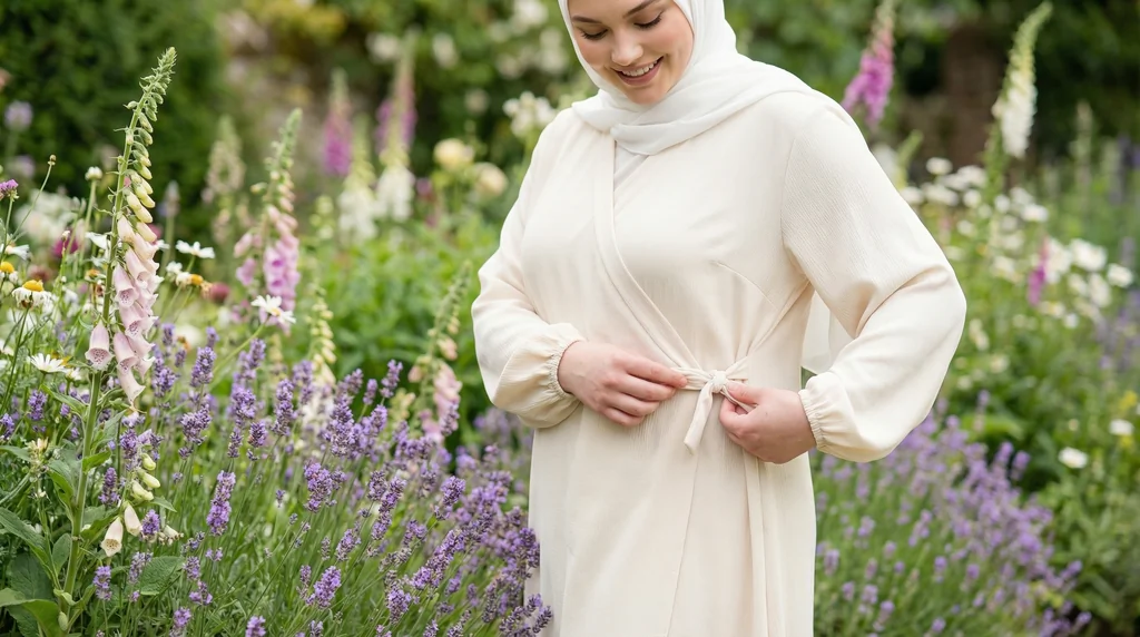 Robe Abaya Croisée Manches Bouffantes avec noeud Beige 1 Robe Abaya Croisée Manches Bouffantes avec noeud Beige - Garden Photo - Model Style: Hijabi