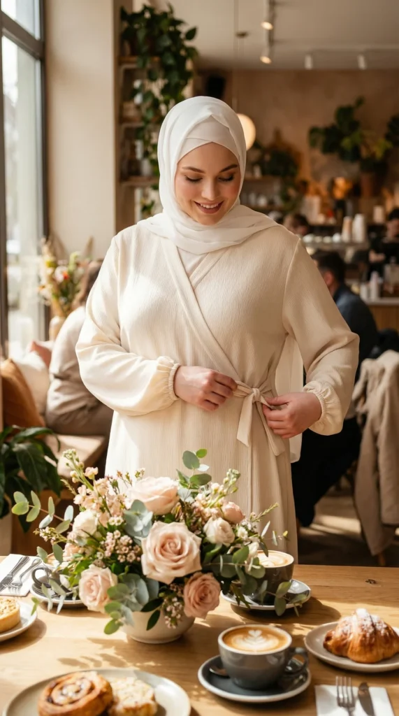 Beige Puffed Sleeve Wrap Abaya Dress with Bow - Lifestyle Photo - Model Style: Hijabi