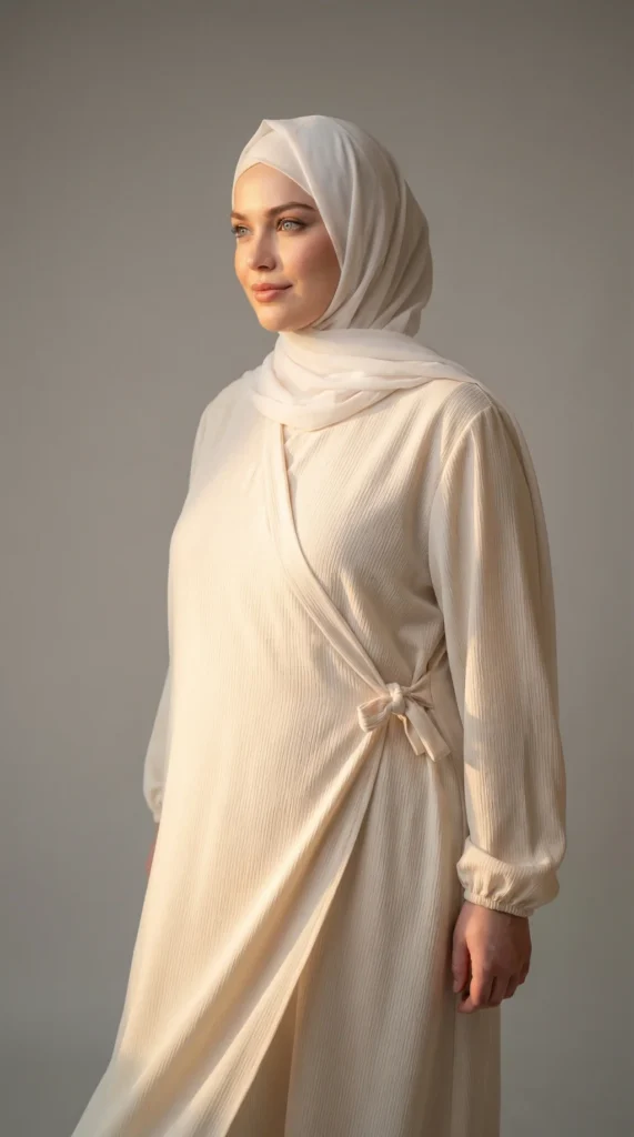 Beige Puffed Sleeve Wrap Abaya Dress with Bow - Studio Photo - Model Style: Hijabi