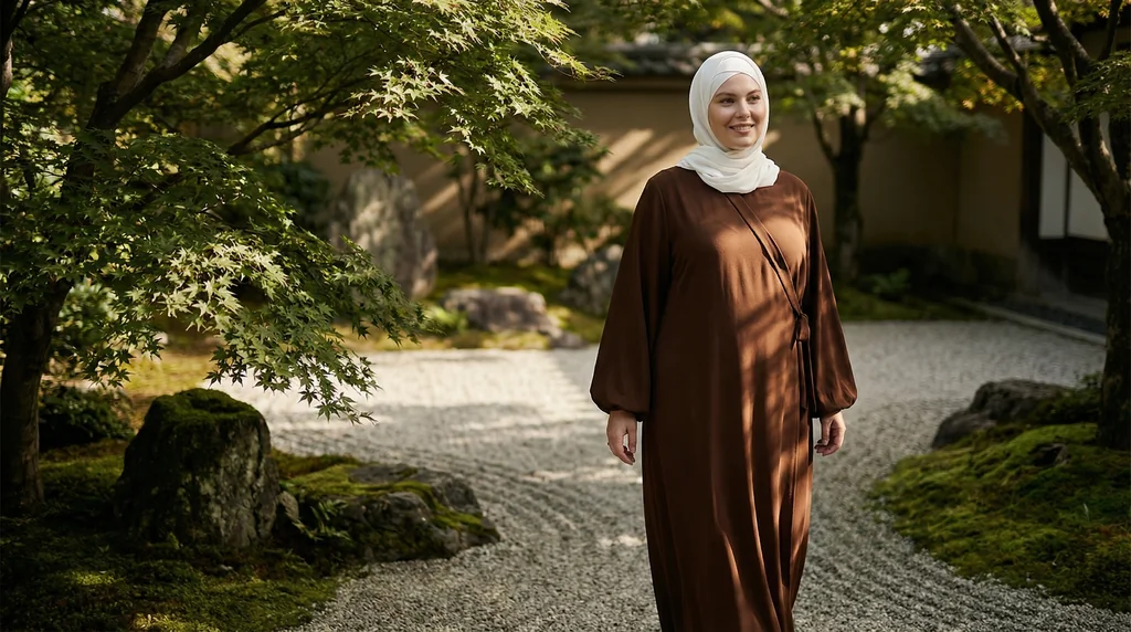 Robe Abaya Croisée Manches Bouffantes avec noeud Chocolat 1 Robe Abaya Croisée Manches Bouffantes avec noeud Chocolat - Garden Photo - Model Style: Hijabi