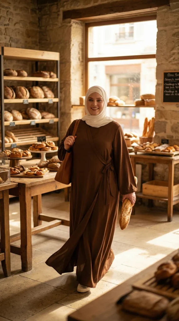 Chocolate Puffed Sleeve Wrap Abaya Dress with Bow - Lifestyle Photo - Model Style: Hijabi