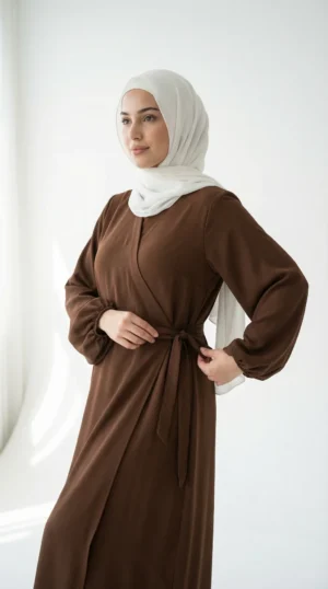 Robe Abaya Croisée Manches Bouffantes avec noeud Chocolat - Studio Photo - Model Style: Hijabi
