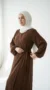 Chocolate Puffed Sleeve Wrap Abaya Dress with Bow - Studio Photo - Model Style: Hijabi