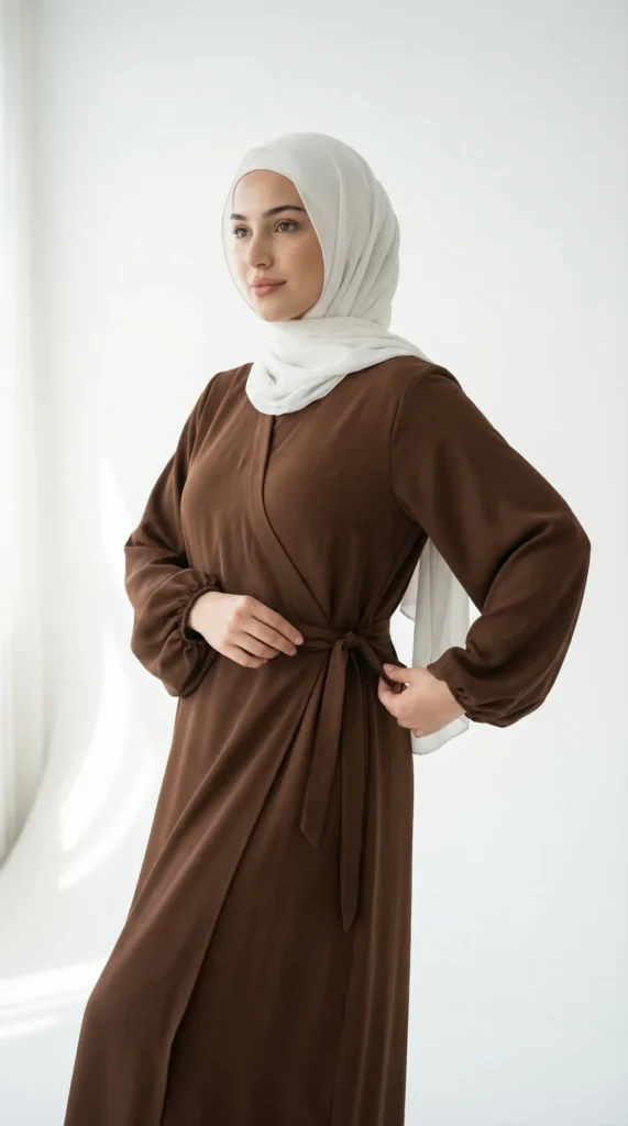 Chocolate Puffed Sleeve Wrap Abaya Dress with Bow - Studio Photo - Model Style: Hijabi