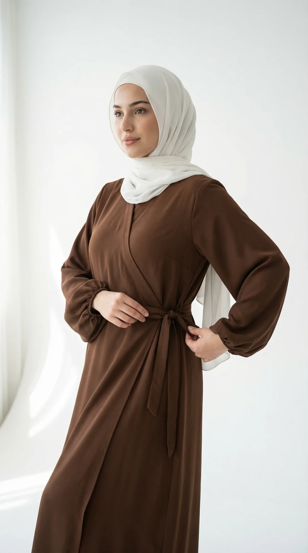 Robe Abaya Croisée Manches Bouffantes avec noeud Chocolat - Studio Style Robe Abaya Croisée Manches Bouffantes avec noeud Chocolat - Studio Photo - Model Style: Hijabi